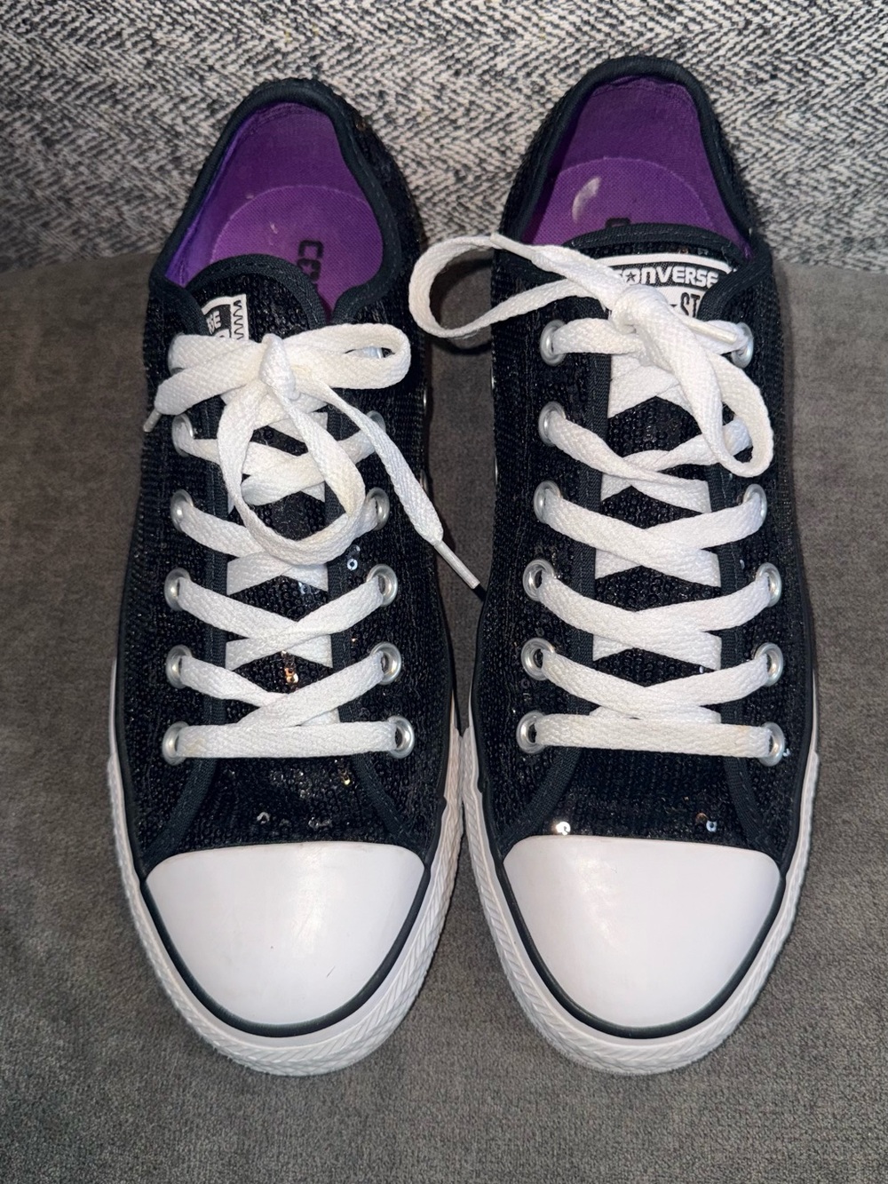 Converse Sequins Black Low-Top Sneakers with White Trim and Purple Insole